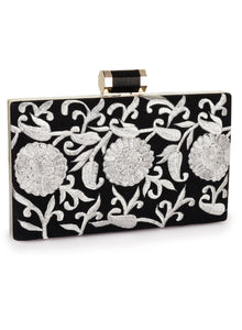 Metallic Thread Floral Embroidered Box Clutch