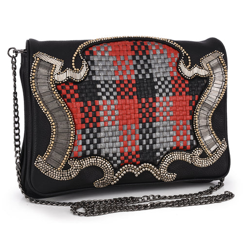 Woven Leather & Metal Embellished Fold-over Clutch