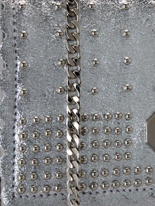 Studded Clutch In Metallic Crackle Leather