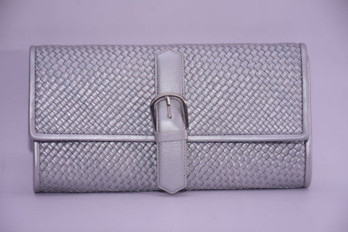 LEATHER WOVEN FOLDOVER CLUTCH