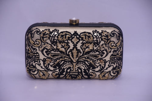 FLOCKED LEATHER BEADED BOX CLUTCH