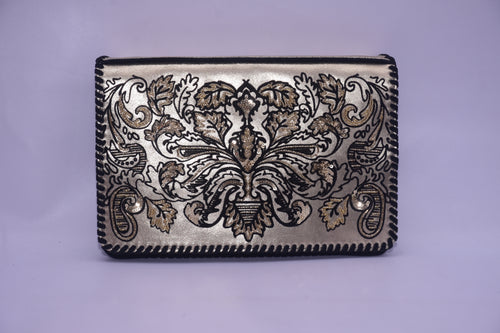 FLOCKED LEATHER BEADED FOLDOVER CLUTCH