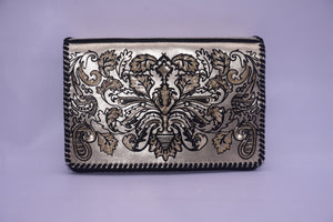 FLOCKED LEATHER BEADED FOLDOVER CLUTCH