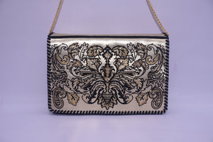 FLOCKED LEATHER BEADED FOLDOVER CLUTCH