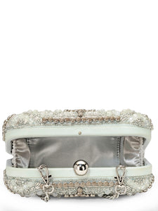 Stone Embellished Box Clutch In Genuine Leather