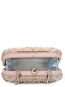 Stone Embellished Box Clutch In Genuine Leather