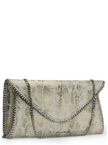Foiled Snake Printed Envelope Clutch With Chain Detail