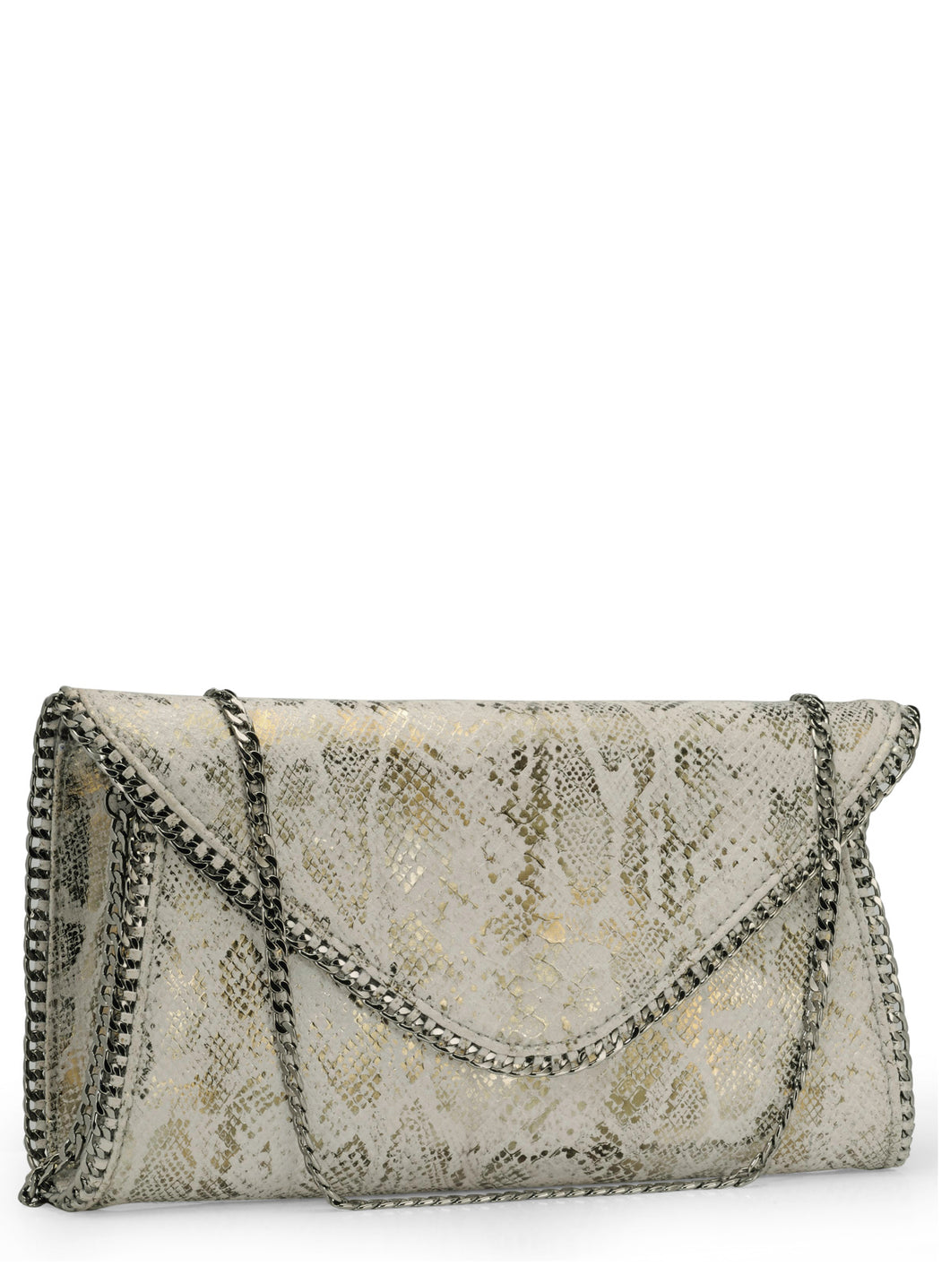 Foiled Snake Printed Envelope Clutch With Chain Detail