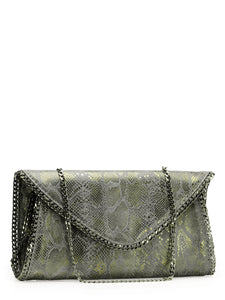 Foiled Snake Printed Envelope Clutch With Chain Detail