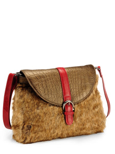 Faux Fur & Croco Embossed Clutch with Leather Trims
