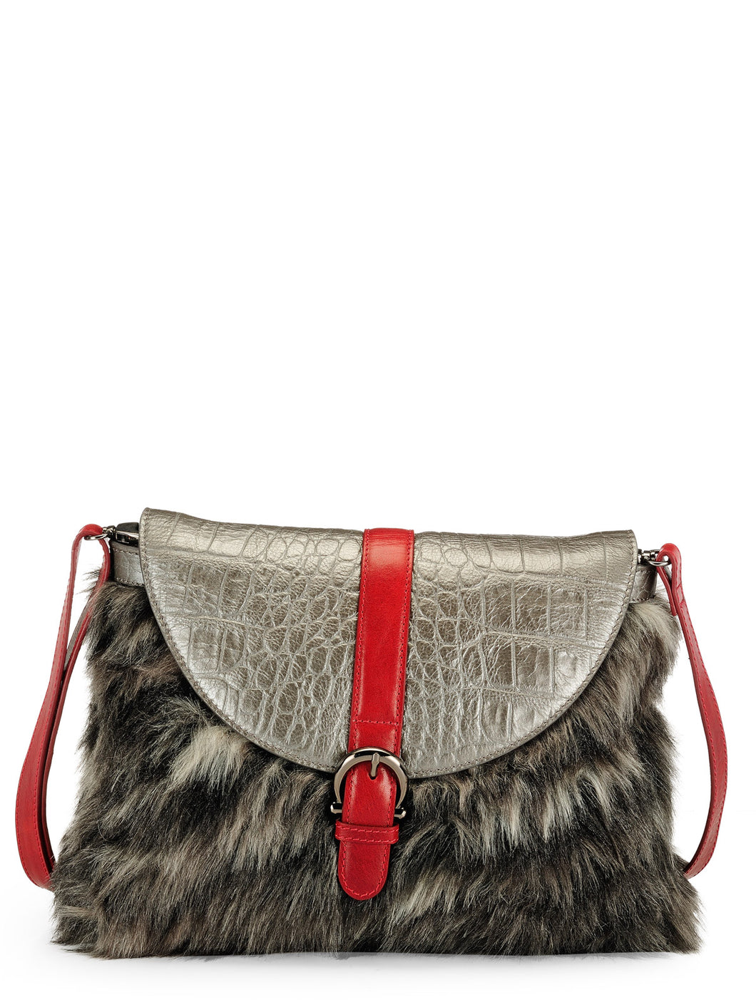 Faux Fur &  Croco Embossed Clutch with Leather Trims