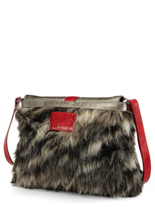 Faux Fur &  Croco Embossed Clutch with Leather Trims
