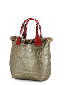 Faux Fur & Croco Embossed Shopper with Leather Trims