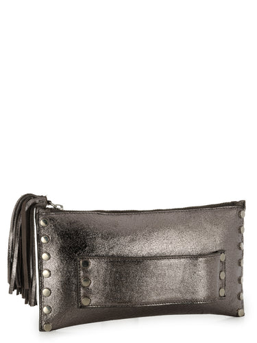 Studded ZipTop Hand-held Clutch In Metallic Leather