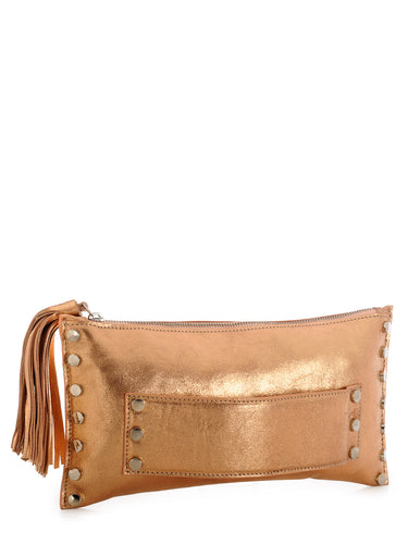 Studded Ziptop Hand-held Clutch In Metallic Leather