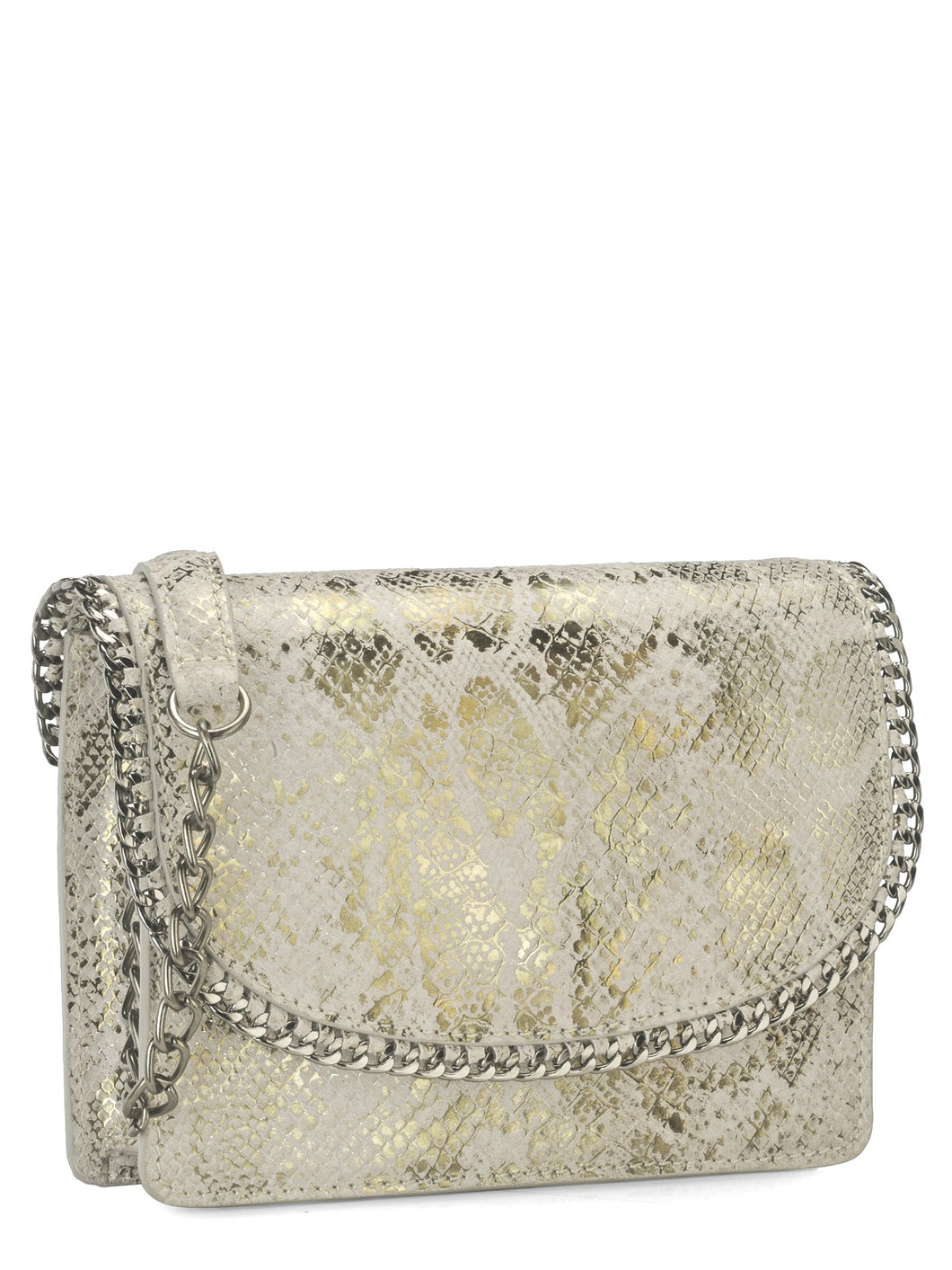 Foiled Snake Print Clutch With Chain Detail