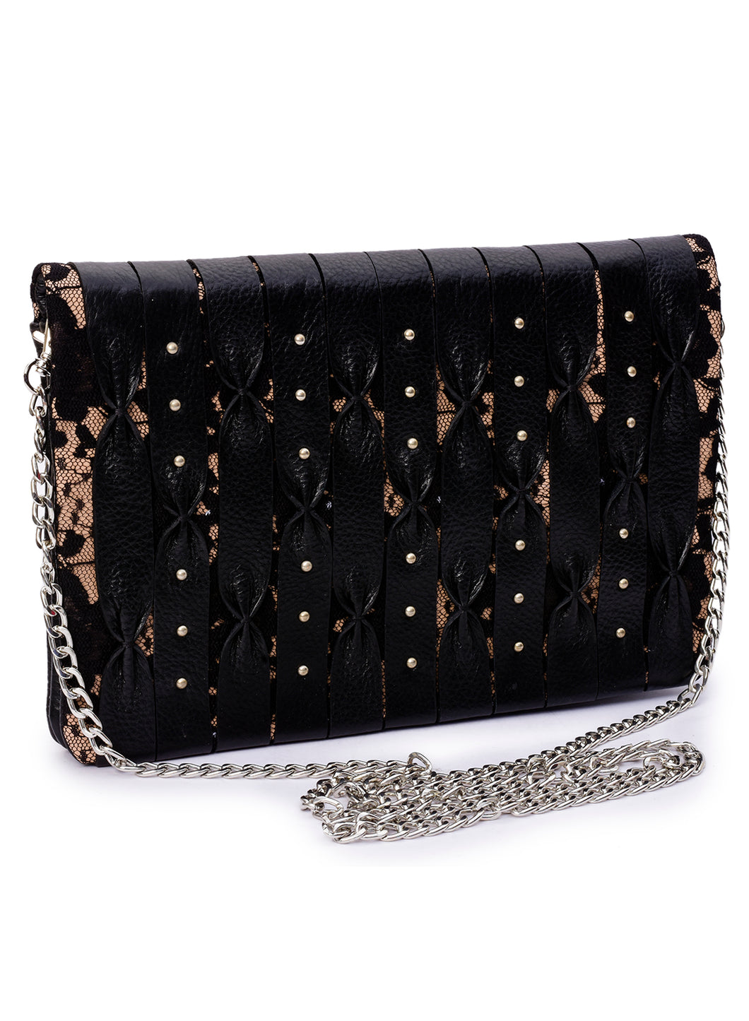Floral Lace & Leather Combined Fold Over Clutch