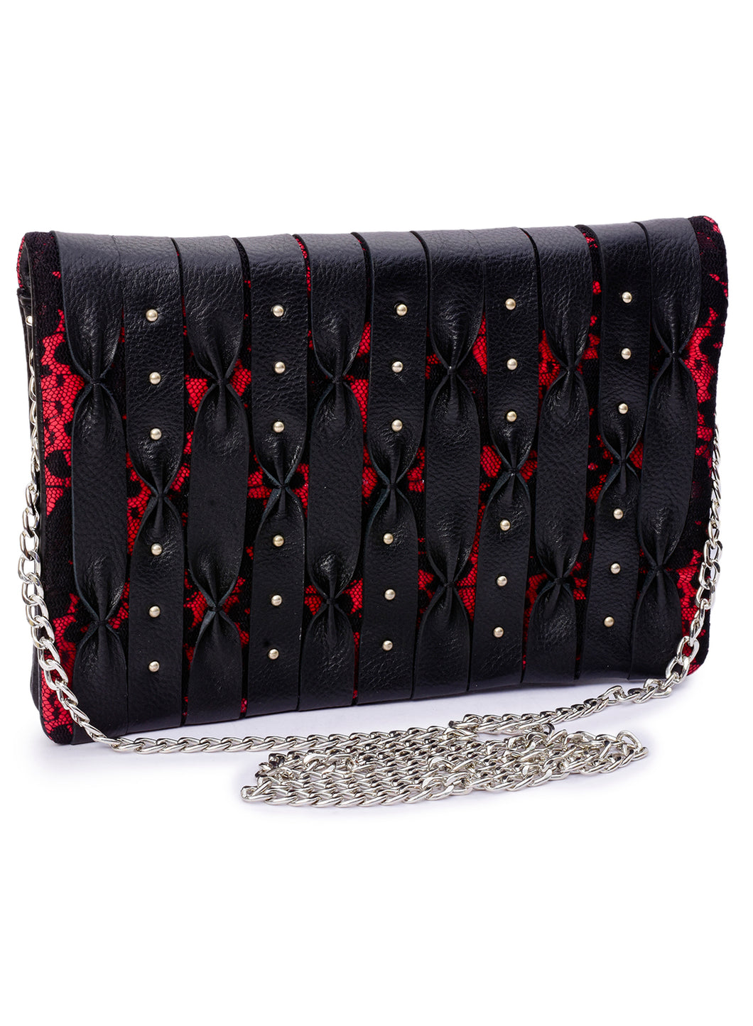 Floral Lace & Leather Combined Fold Over Clutch