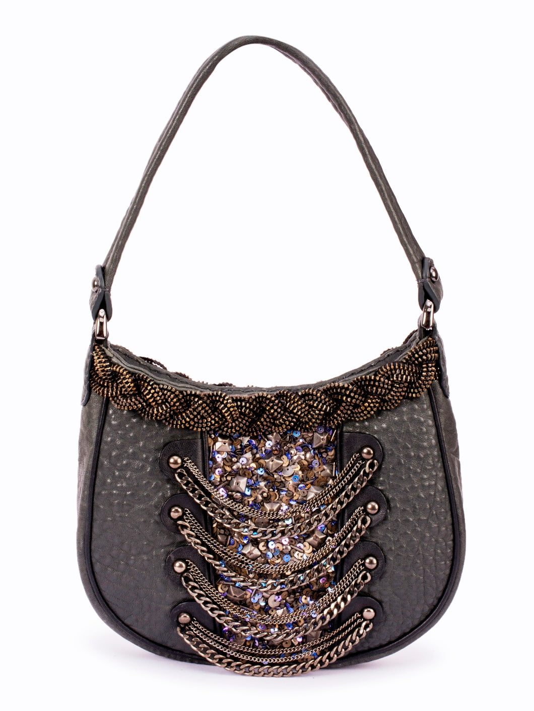 Sequin & Chain Embellished Small Leather Bag