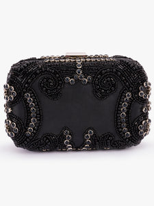 Stone Embellished Box Clutch In Genuine leather