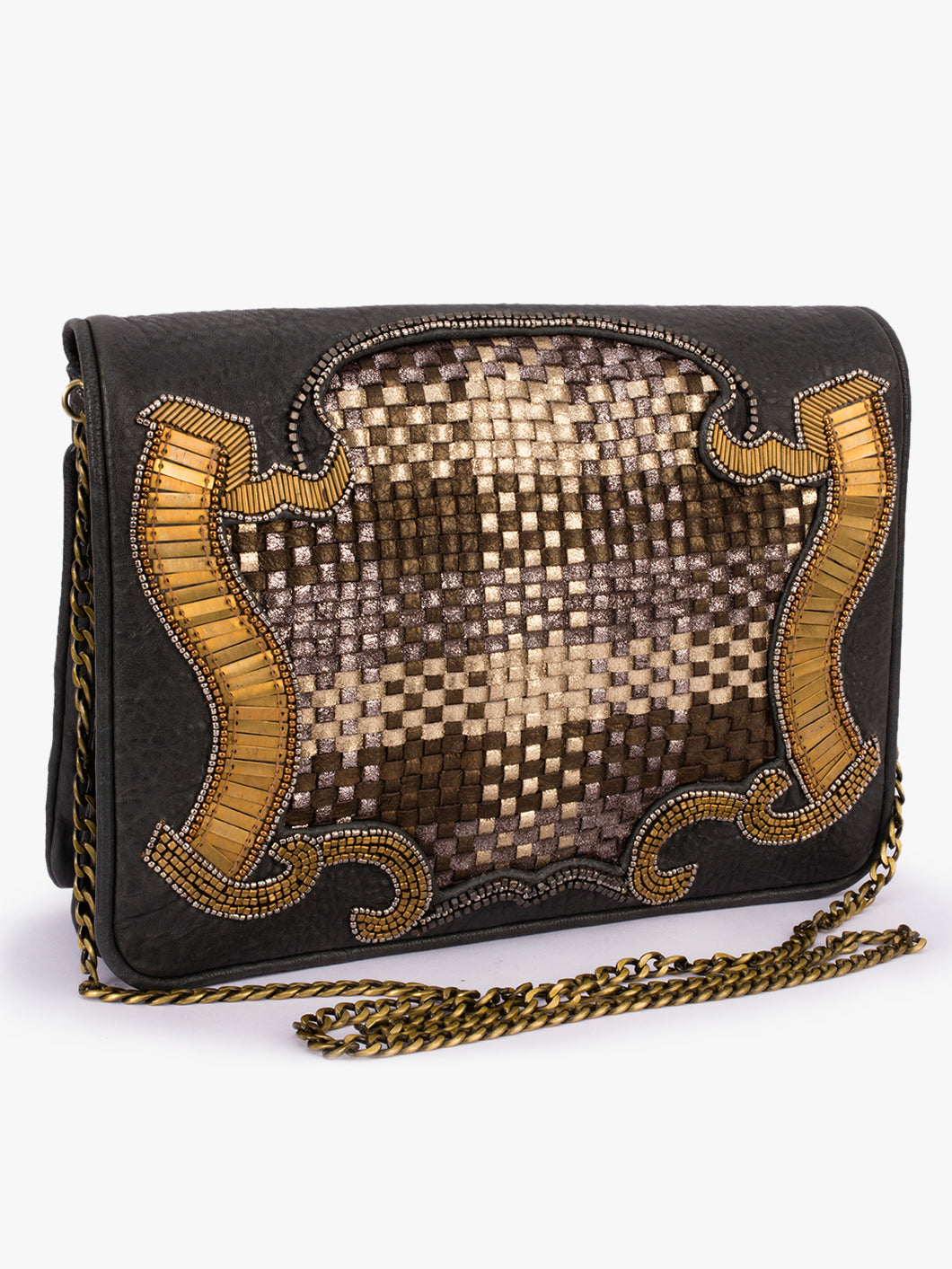 Woven Leather & Metal Embellished Fold-over Clutch