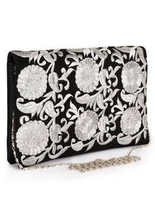 Metallic Thread Floral Embroidered Fold Over clutch