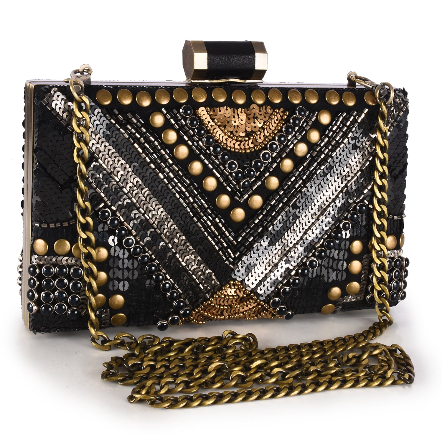 Abstract Patterned Embellished Box Clutch