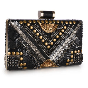 Abstract Patterned Embellished Box Clutch