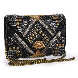 Abstract Patterned Embellished Fold-over Clutch