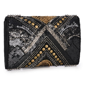Abstract Patterned Embellished Fold-over Clutch