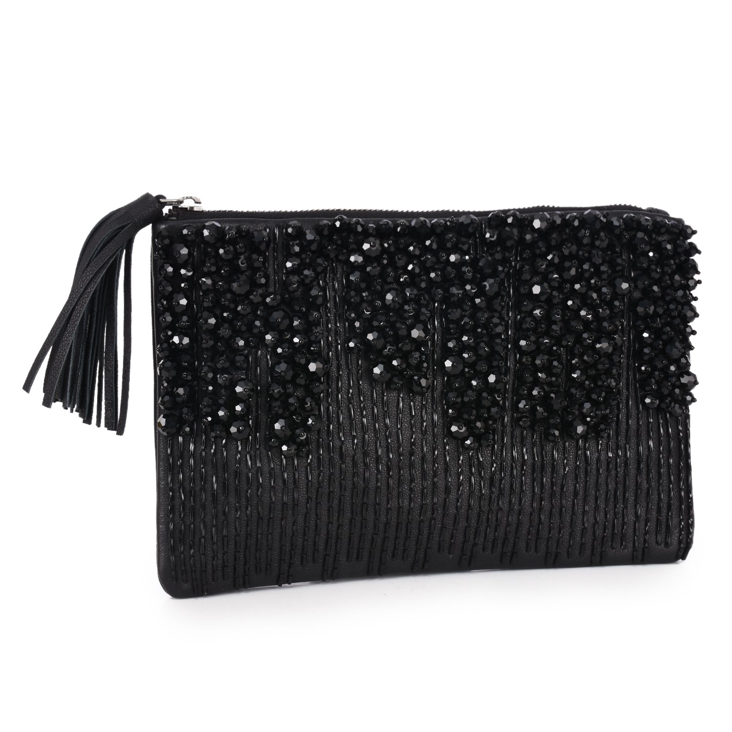 Bead & Stone Embellished Zip Clutch