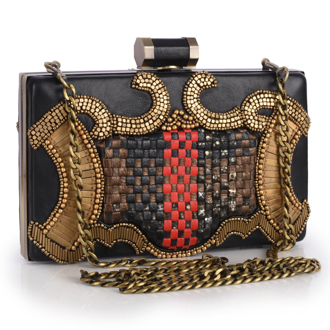 Red & Black Leather Cross-weave Box Clutch