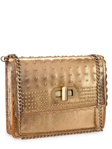Studded Clutch in Metallic Crackle Leather