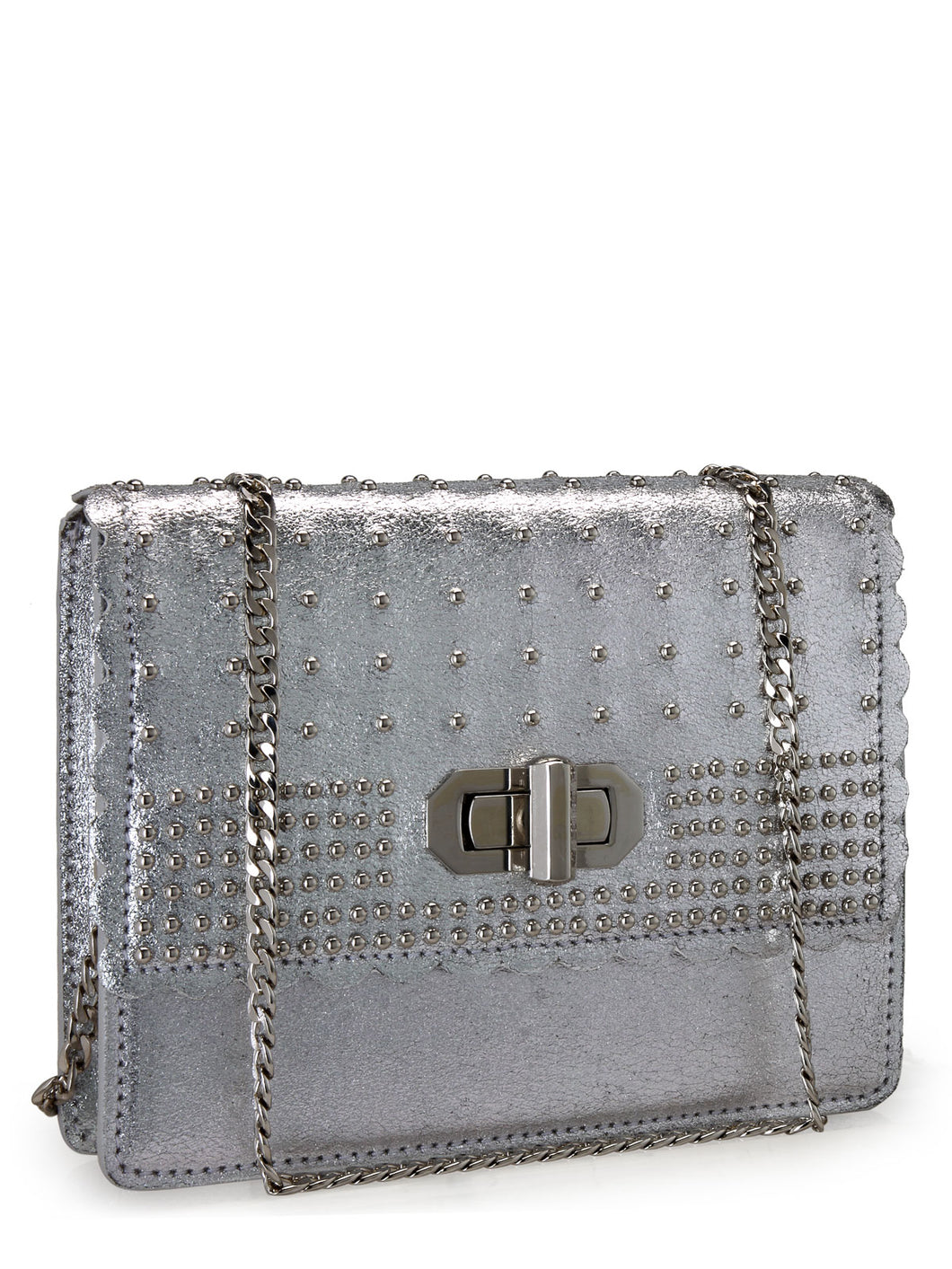 Studded Clutch In Metallic Crackle Leather