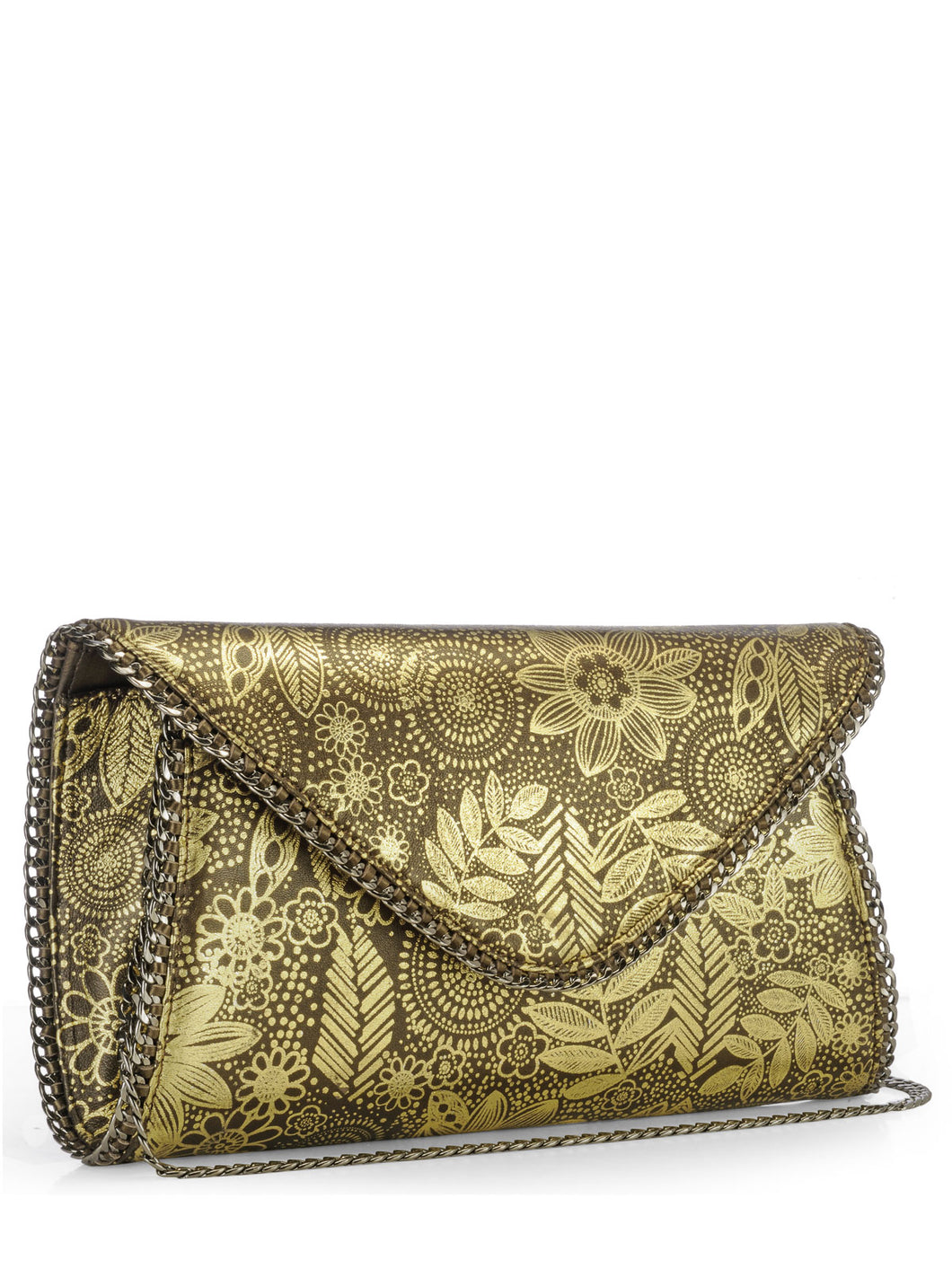 Floral Foil Printed Leather Clutch With Chain Detail