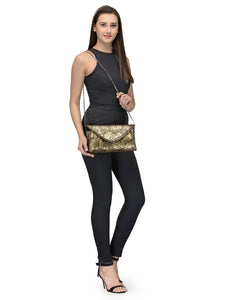 Floral Foil Printed Leather Clutch With Chain Detail