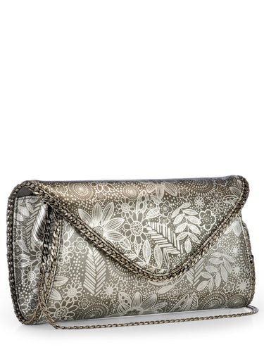 Floral Foil Printed Leather Clutch With Chain Detail