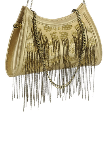 Metal Sequined Leather Clutch With Chain Fringes