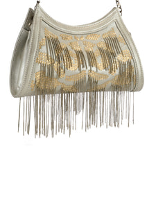 Metal Sequined Leather Clutch With Chain Fringes