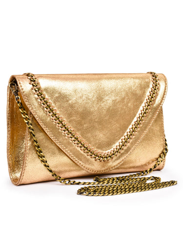 Envelope Clutch In Crackle Leather With Chain Detail