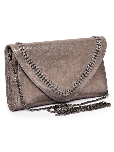 Envelope Clutch In Crackle Leather With Chain Detail